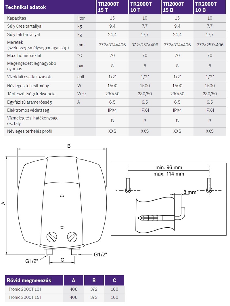 Bosch Tronic 2000T mini 10 T villanybojler műszaki adatok